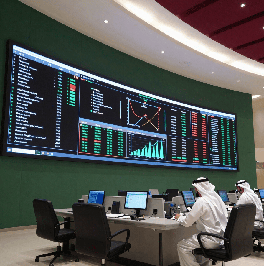 A wide-angle shot of a high-tech Omani control center with large LED displays showing data analytics. The lighting is modern with accents of matte forest green and deep crimson. Professional atmosphere in a Middle Eastern / Gulf corporate setting.