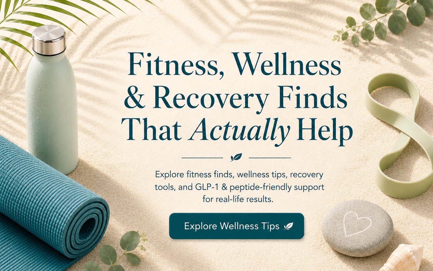 Fitness and wellness essentials on a sandy tropical background