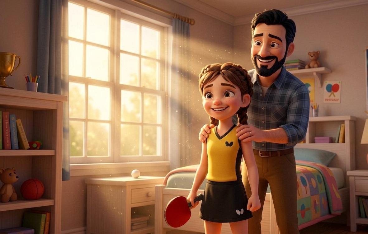3D animation of a proud father supporting his young daughter wearing a table tennis uniform in a sunny bedroom.