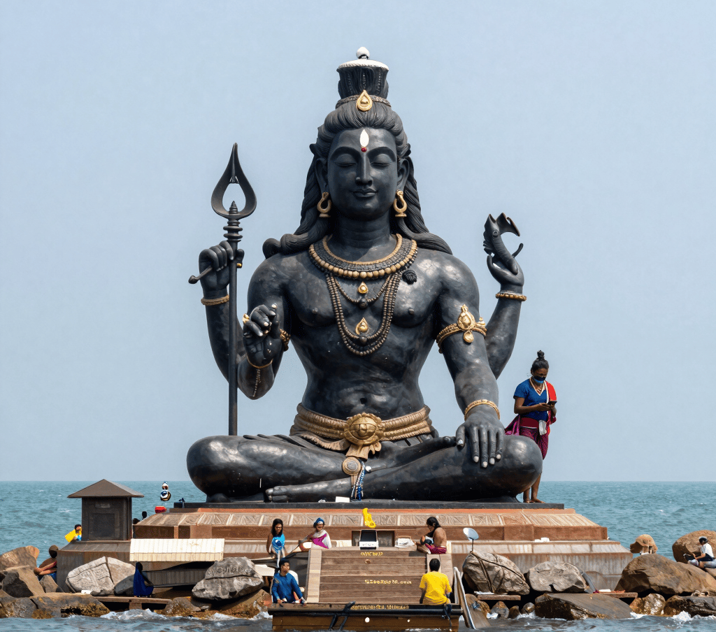 Giant black Lord Shiva statue at Azhimala Shiva Temple in Kerala, overlooking the Arabian Sea.