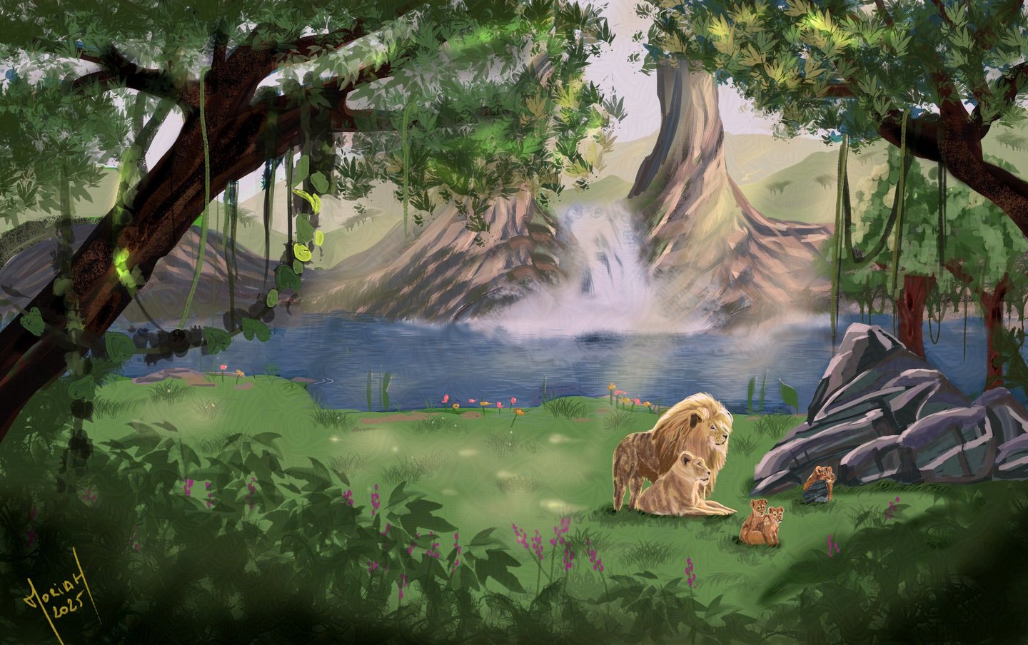 Couple of lions with cubs and an oasis with mountains and waterfall 