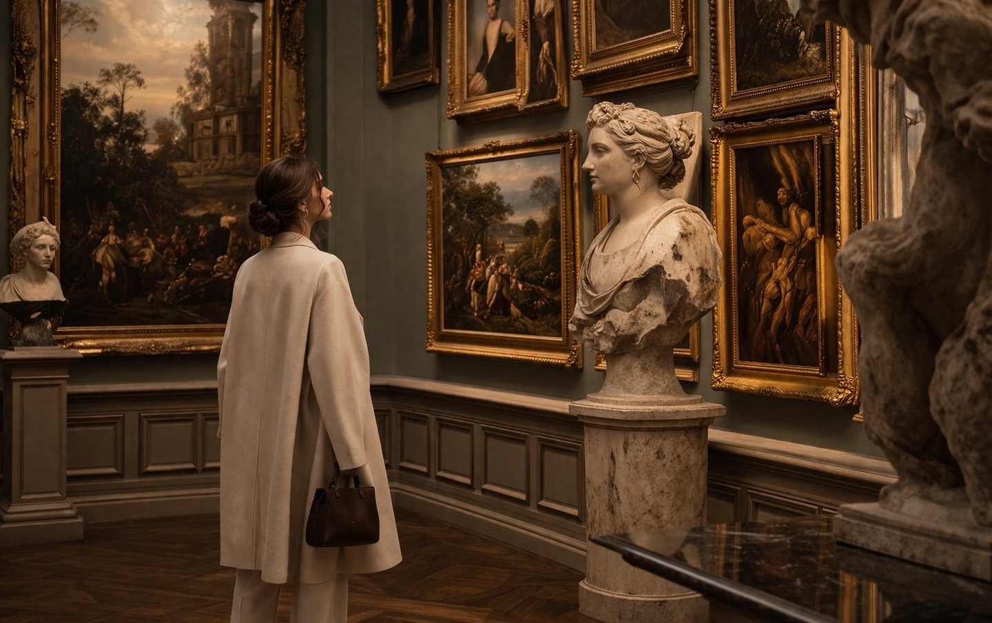 Luxury art gallery interior with classical sculptures.