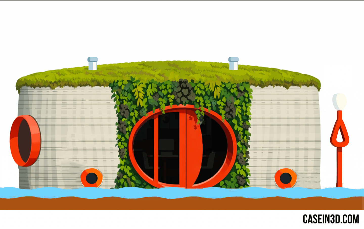 Eco-friendly 3D-printed house in Czech Republic with green roof and red circular entrance
