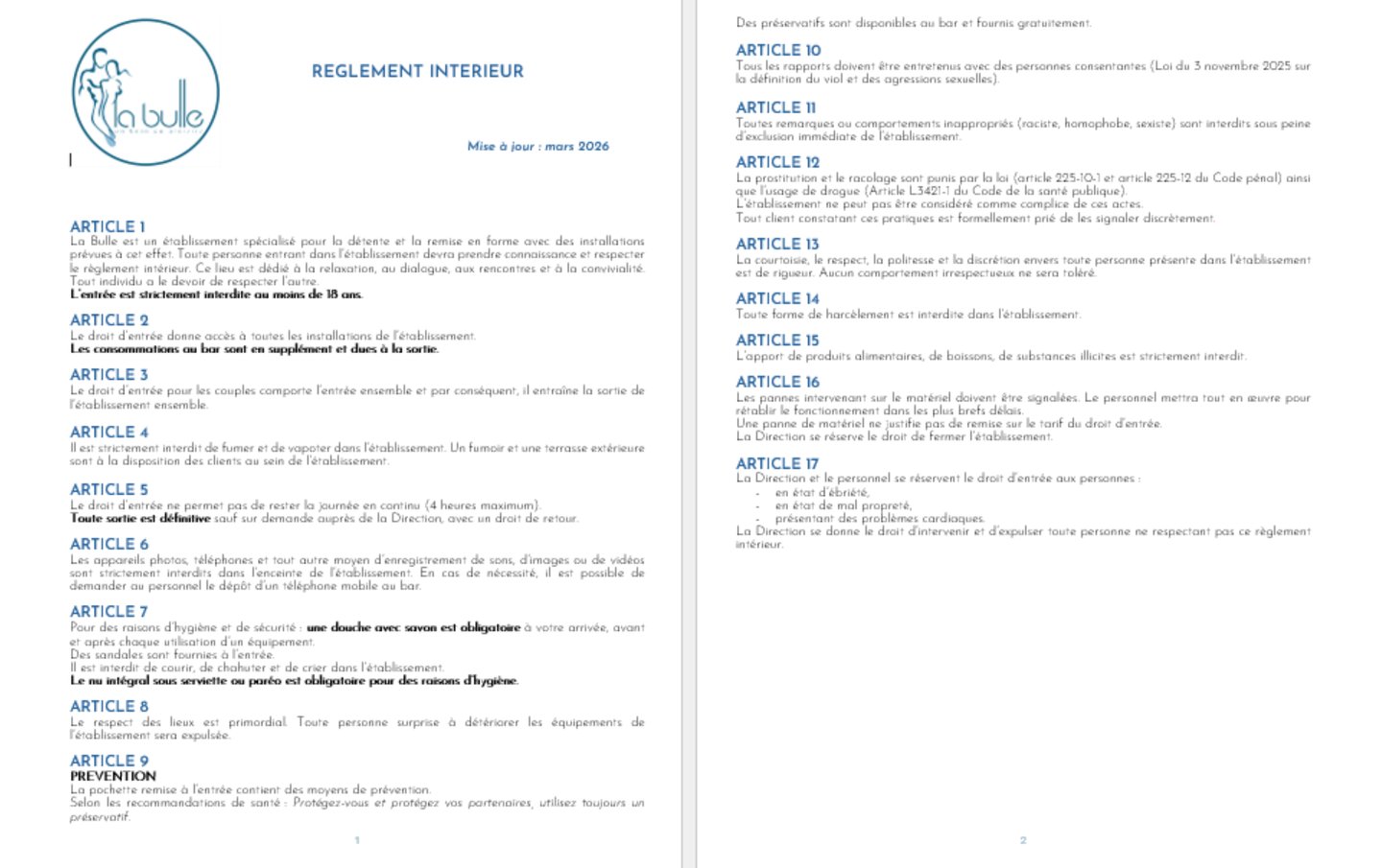 La Bulle Sauna Règlement intérieur