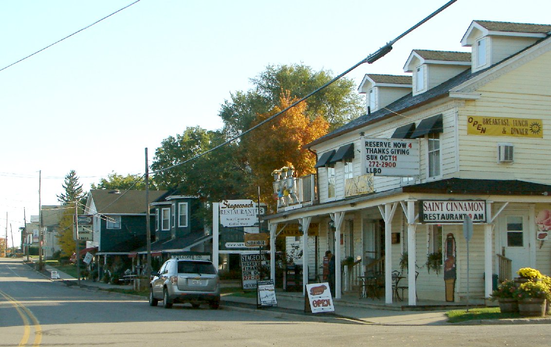 Historic downtown street in Sydenham Ontario featuring local restaurants and small businesses.