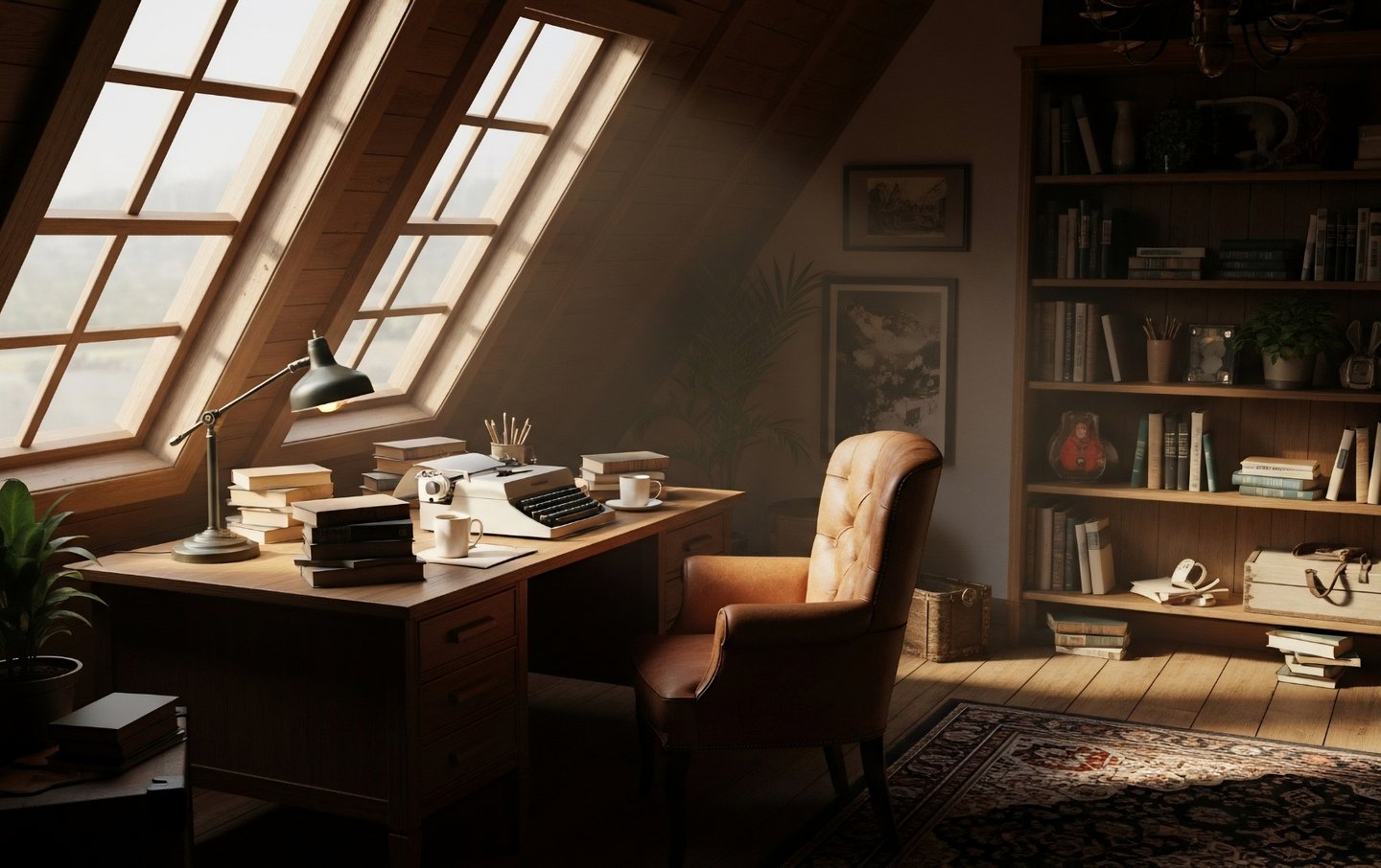 Quiet publishing space with books and writing desk shows editorial process of an independent press