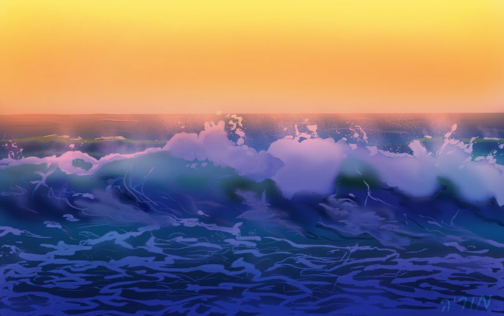 illustration of a romantic beach by evening with waves crashing on sand