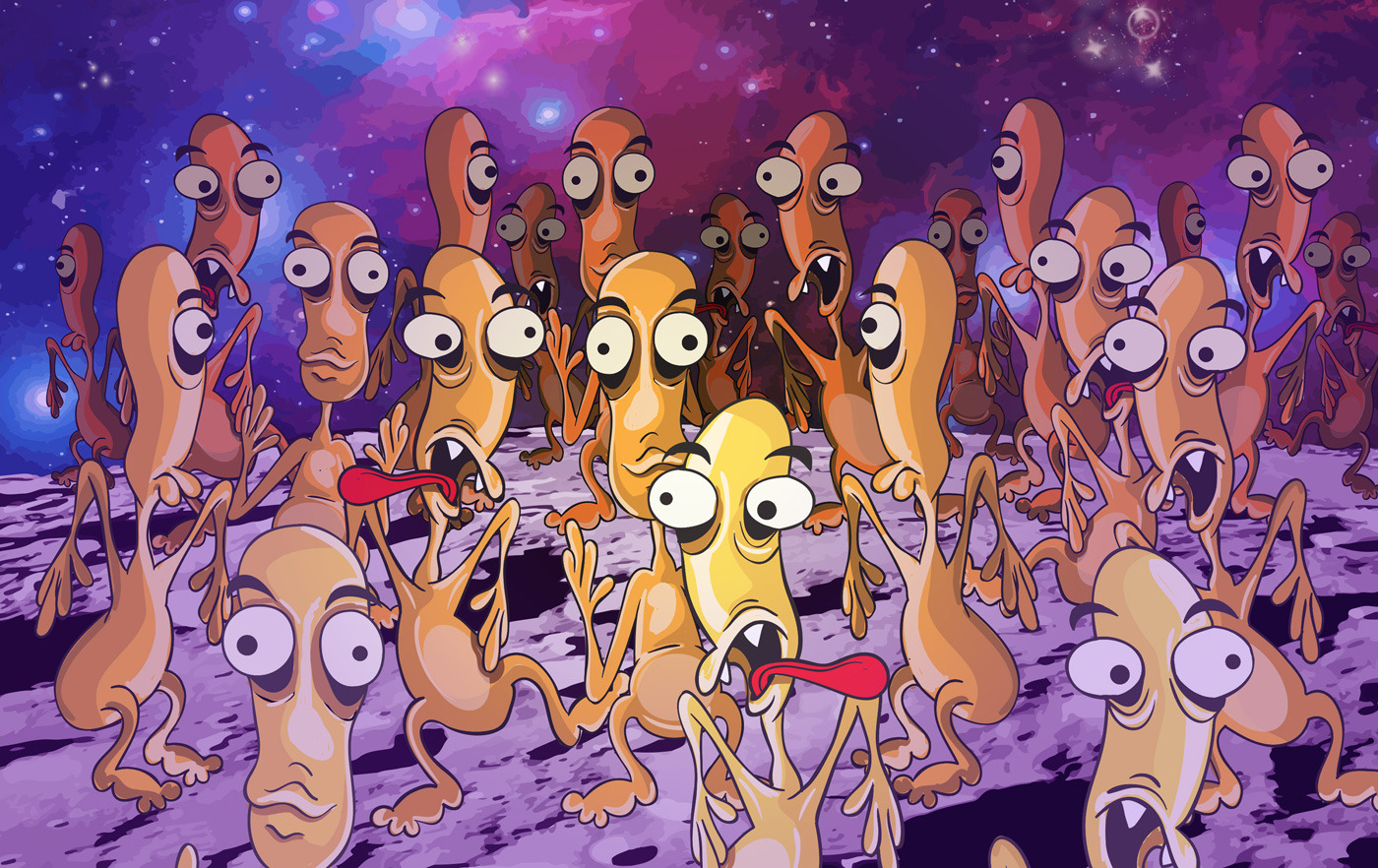 “Group of expressive orange critters with surprised faces in a playful cartoon style - fun character illustration for kids.”