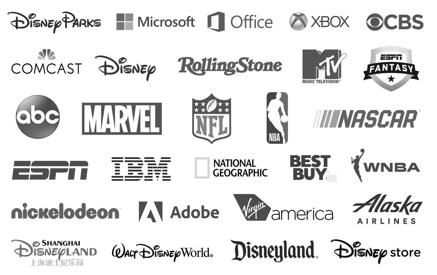 logo wall with Disney, ESPN, Alaska Airlines, Rolling Stone, Microsoft and Marvel