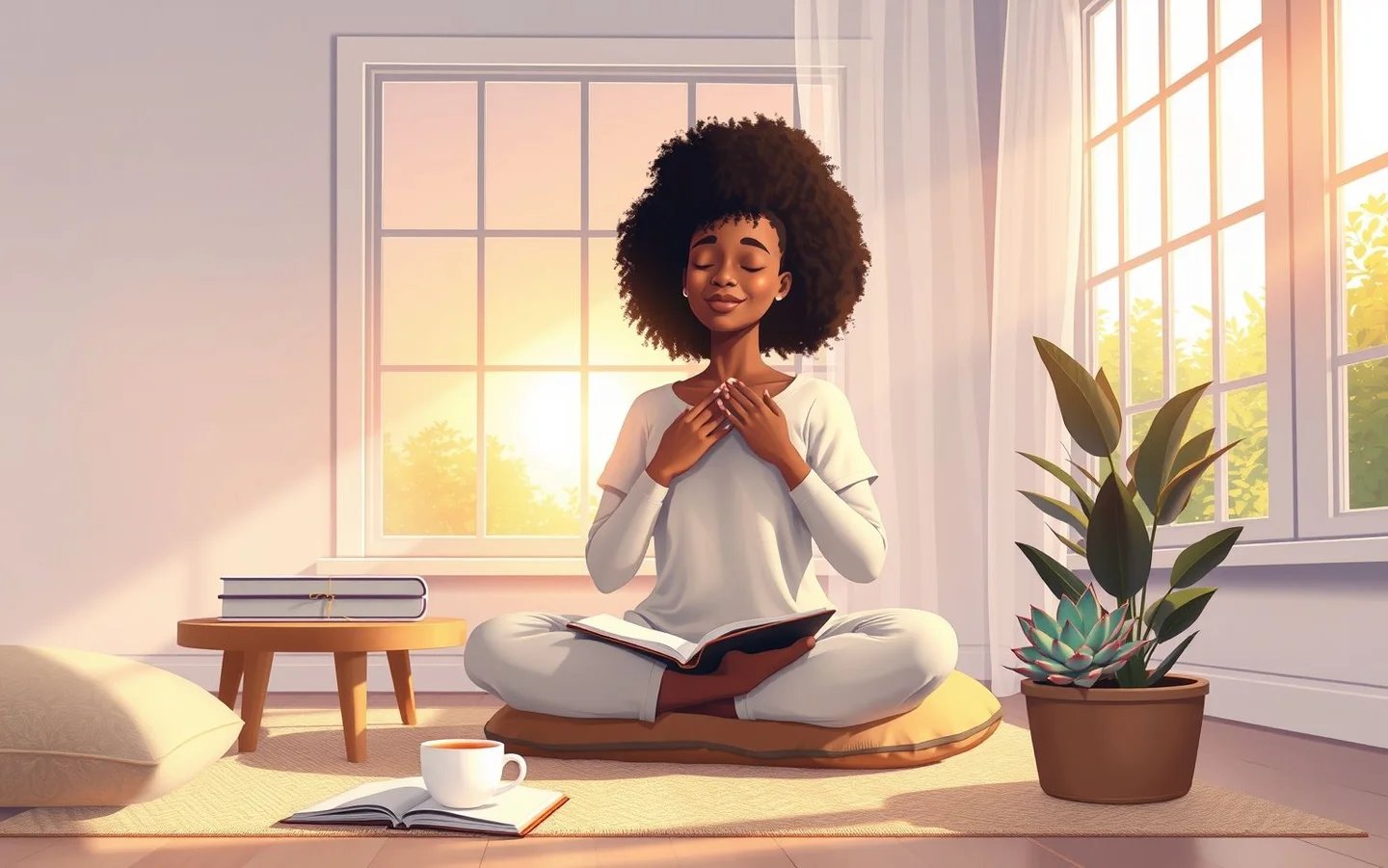 _a_serene_pastel_toned_illustration_showing_a_young_afro_woman_20_50_years_old_seated_comfortable