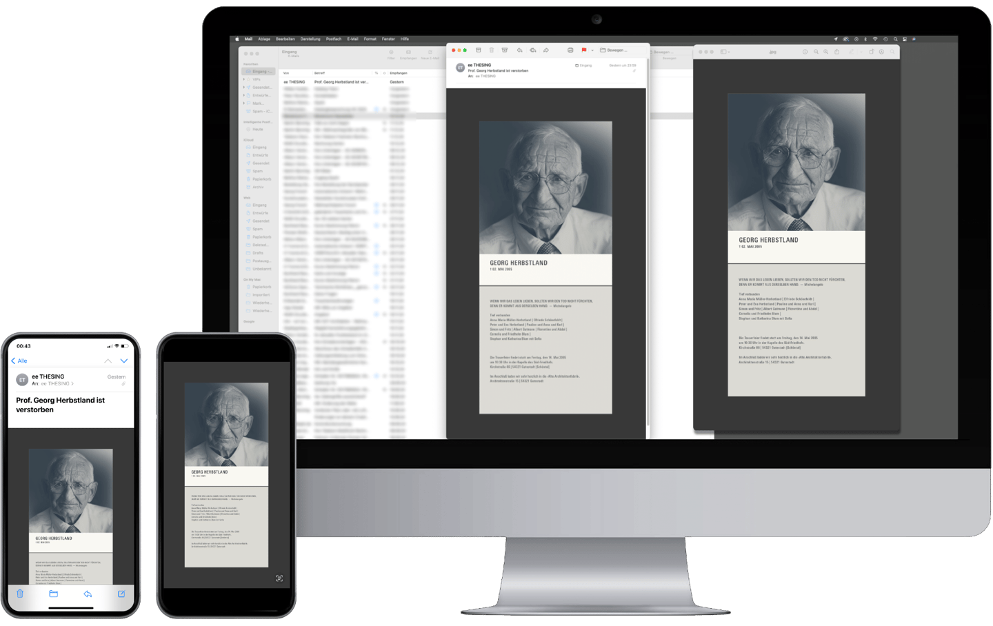 Beispiel für digitale Trauerkarte, dargestellt auf Handy und Computer
