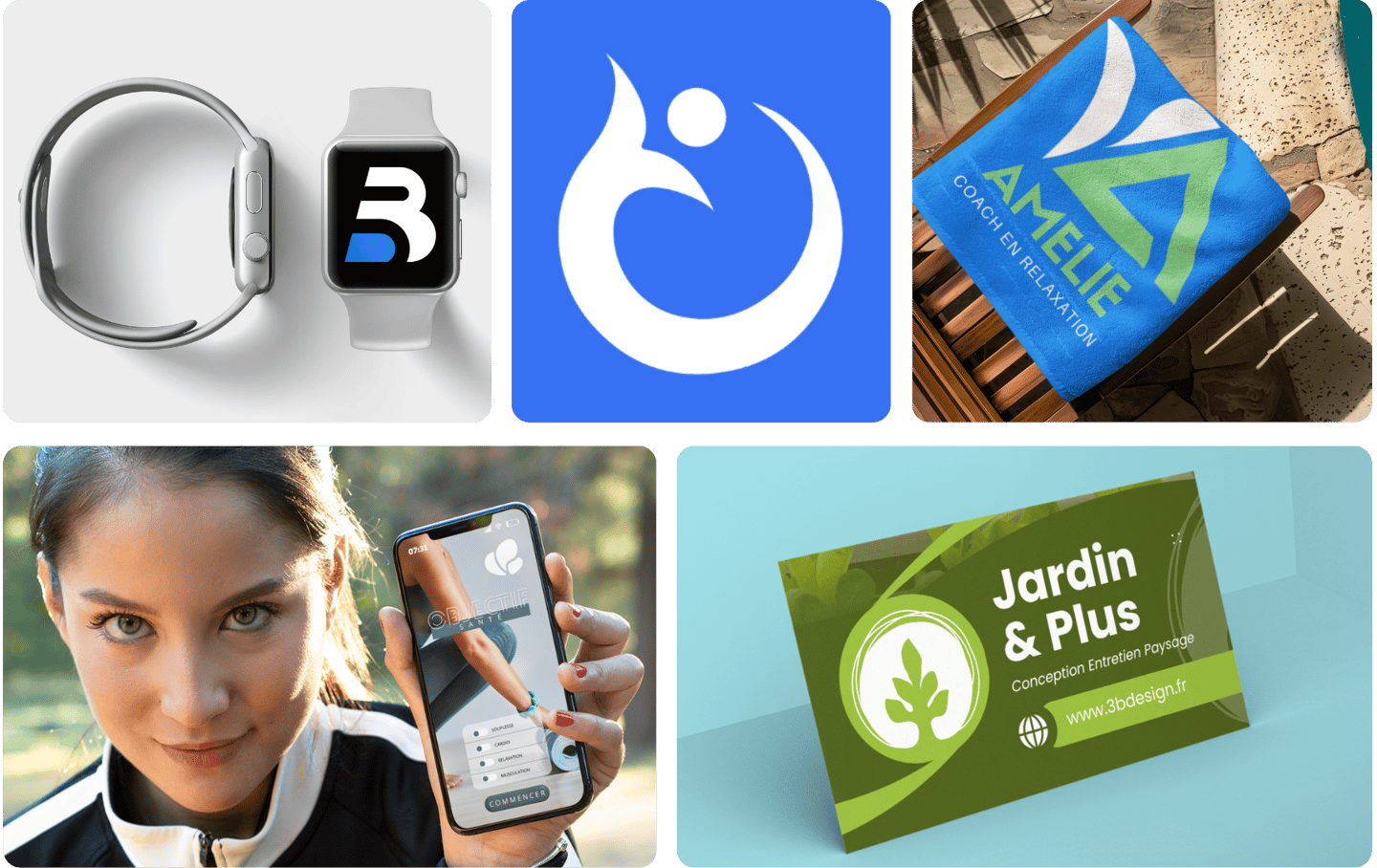 Designs de branding professionnels, incluant des logos de fitness, des cartes de visite