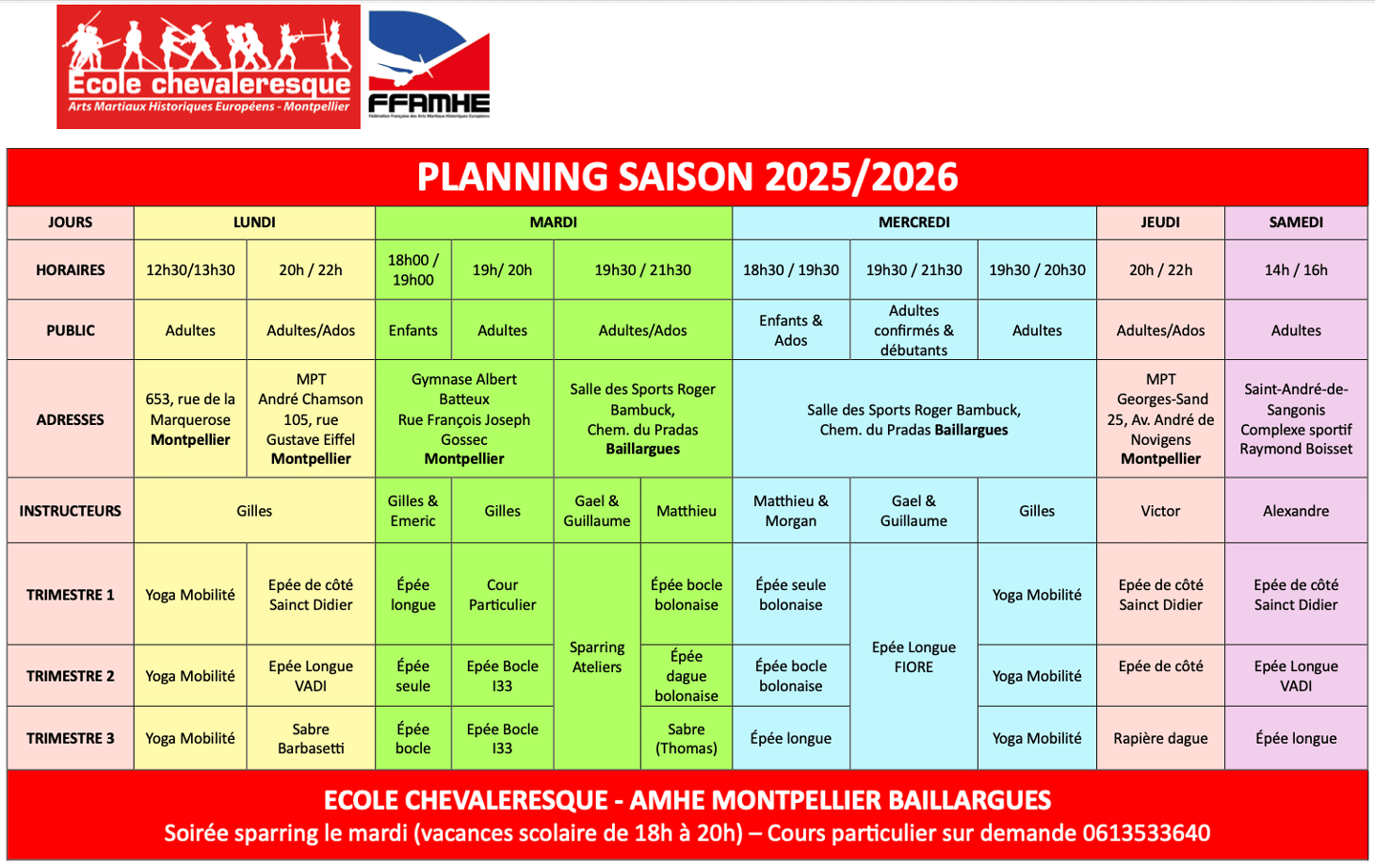 Planning Escrime Historique Montpellier