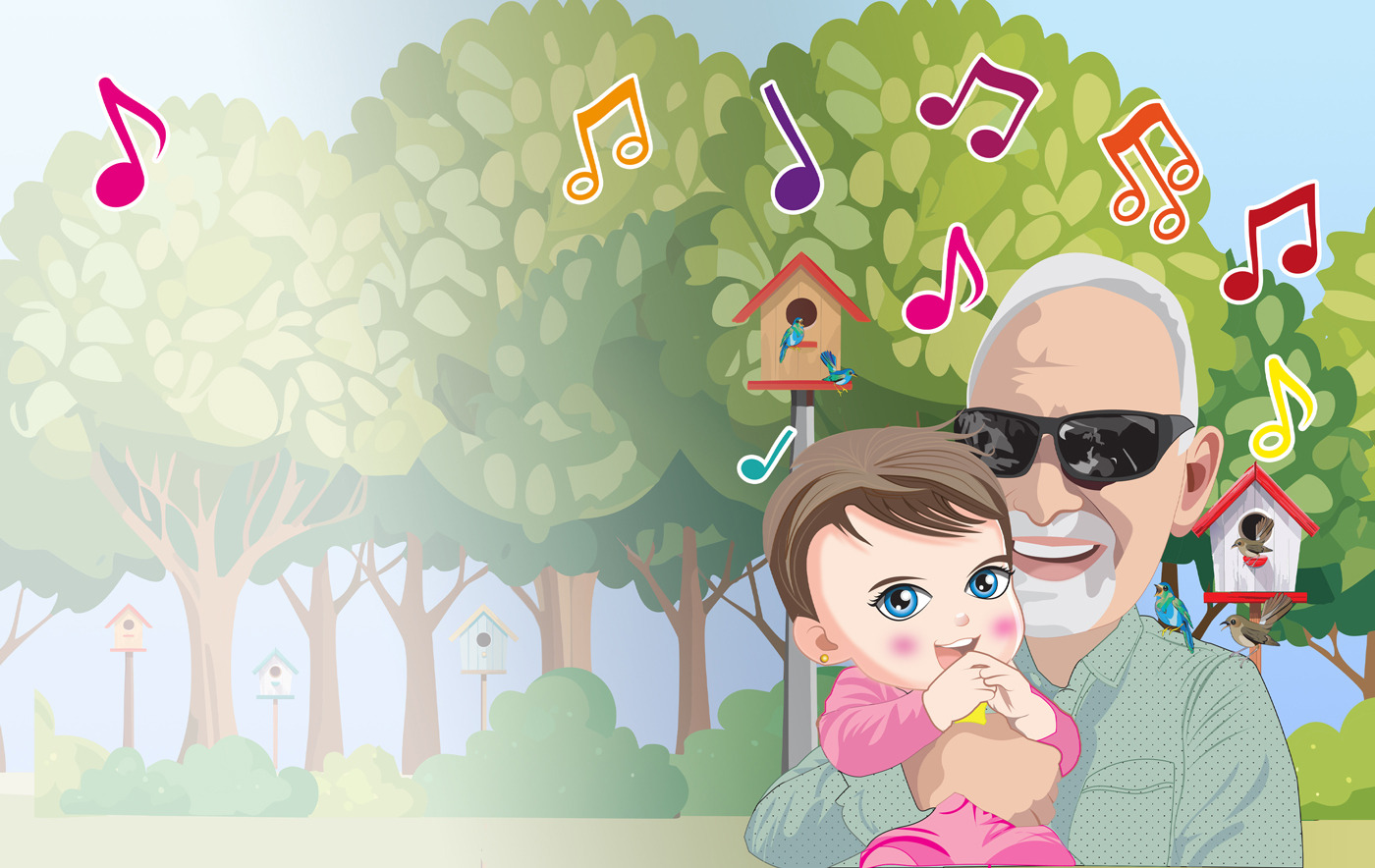 “Grandfather holding a baby with musical notes and birdhouses in a joyful children’s illustration.”
