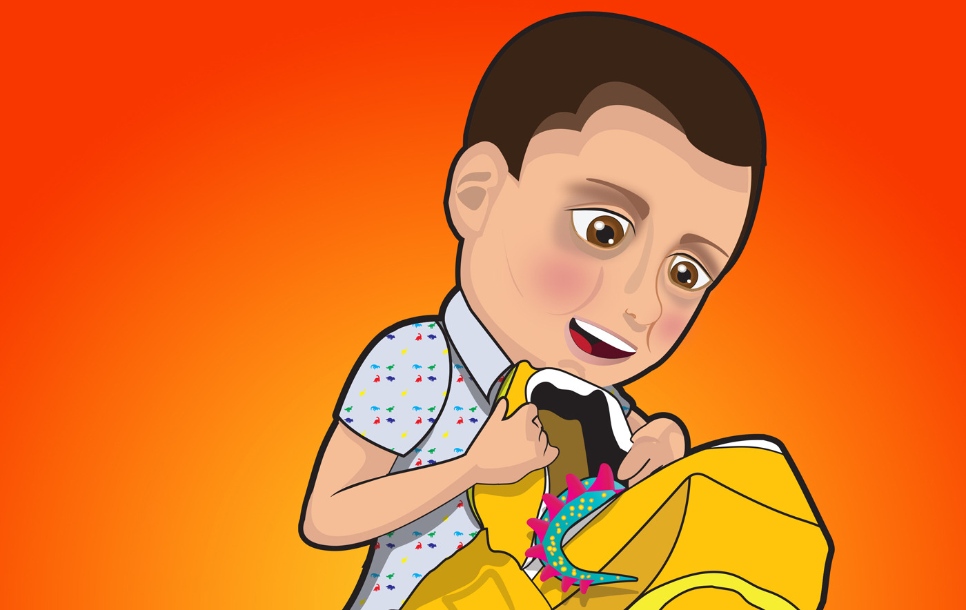 “Child opening a yellow bag with colorful stars bursting out — playful children’s illustration.”