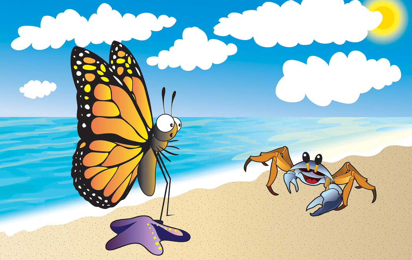 “Colorful beach scene with a butterfly on a sea star and one animated crab - playful children’s illustration.”