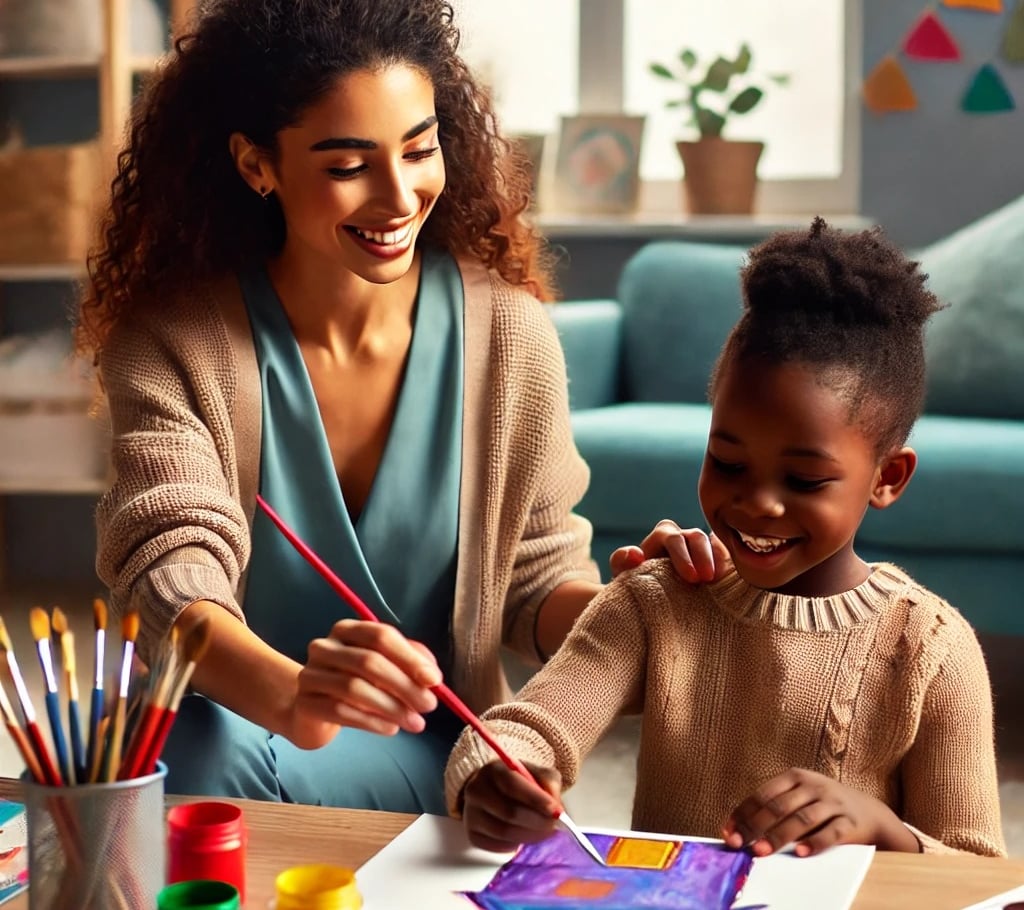 a woman and child are smiling and playing with paint