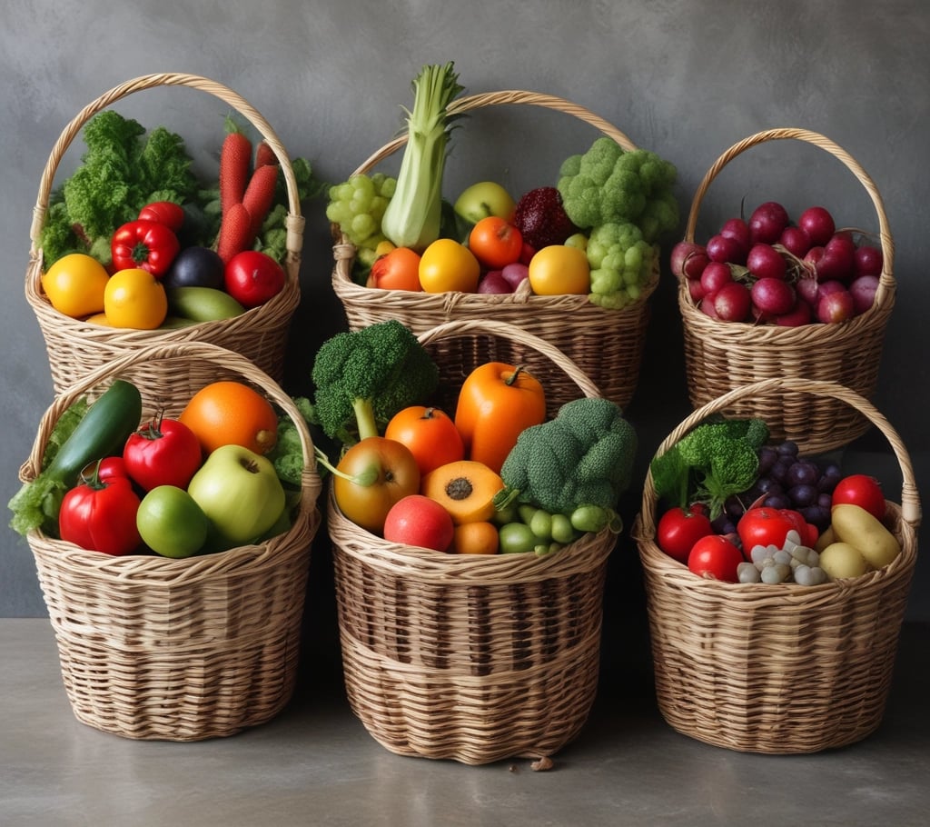 A vibrant display of fresh vegetables, fruits, and pickles available for online purchase.