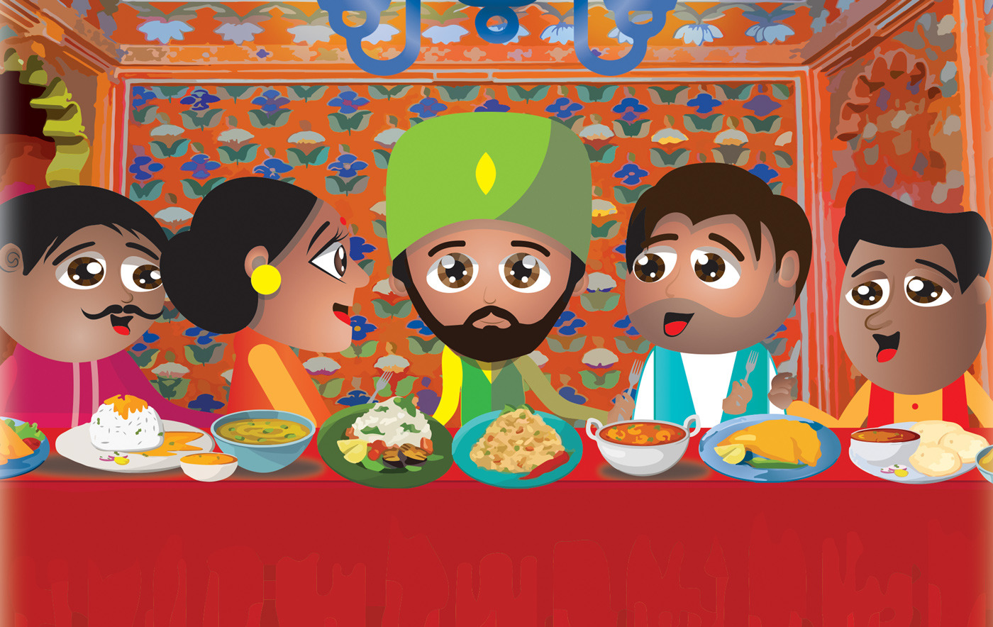 “Festive scene of characters sharing food at a decorated table — cultural children’s illustration.”