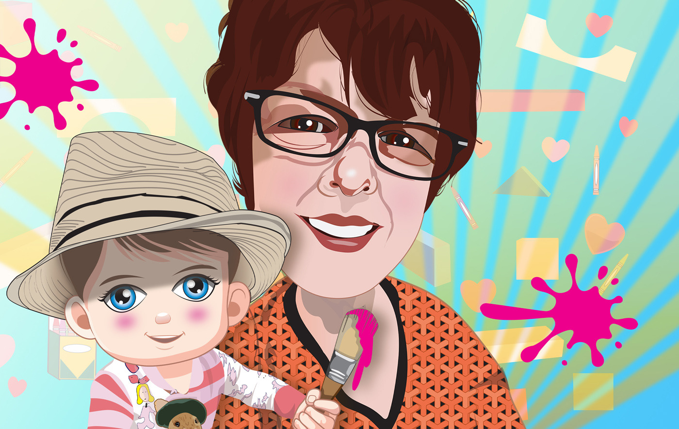 “Stylized portrait of an adult and child smiling with colorful hearts and paint splashes — expressive illustration.”