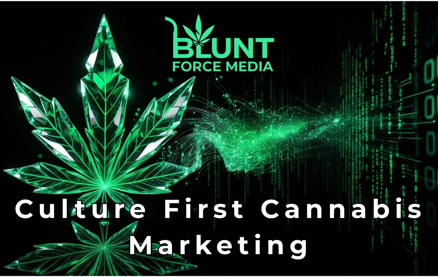 Emerald crystal cannabis leaf transforming into a glowing digital data stream