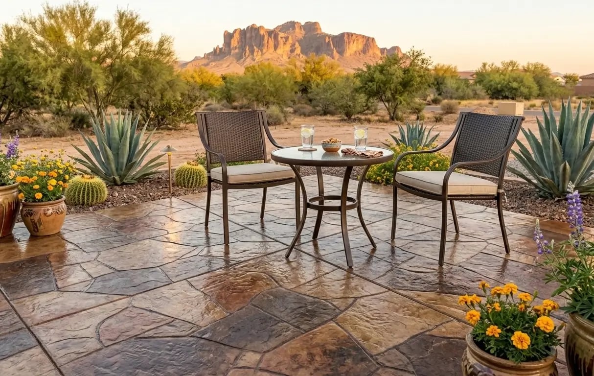 backyard stamped concrete patio in Queen Creek, Arizona, stone-like stamp pattern, warm earth-tone color