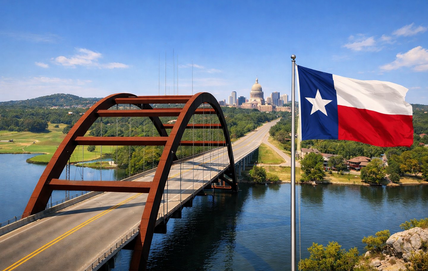 Puente Pennybacker en Austin y bandera de Texas ondeando, invitando a familias que planean mudarse