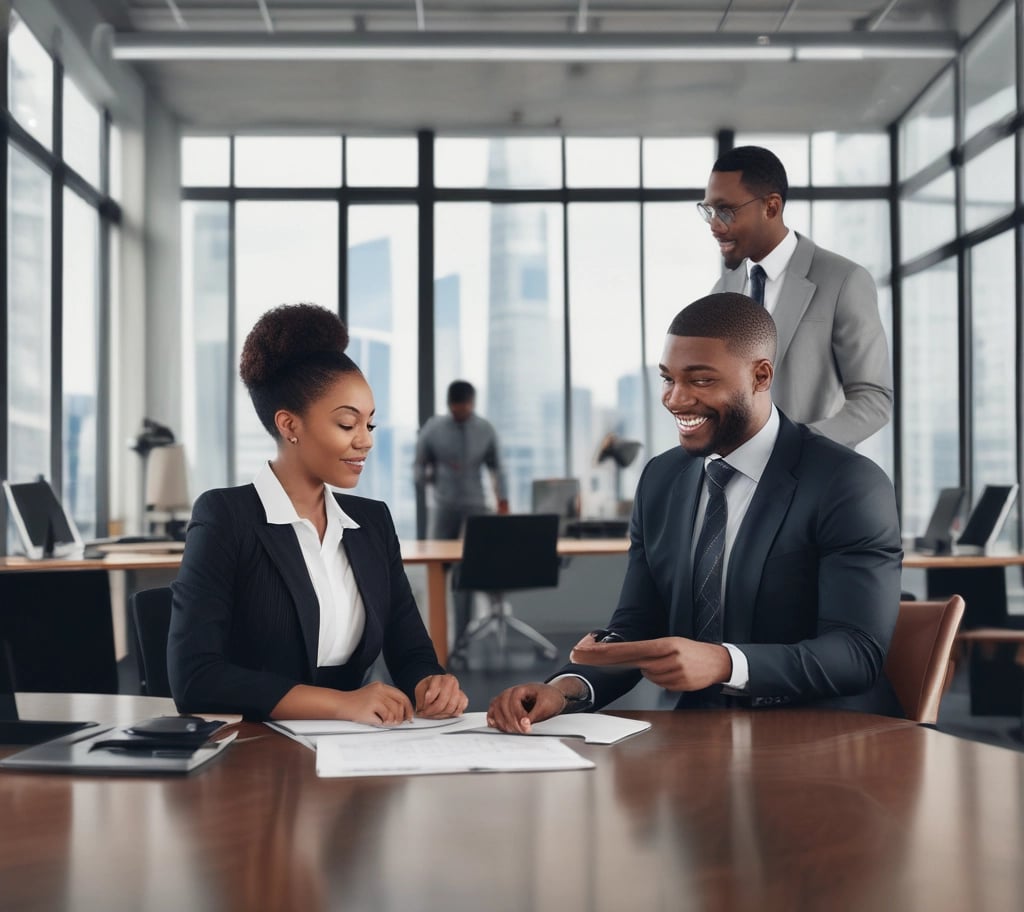 A friendly consultant meeting with a small business owner in a cozy office setting.