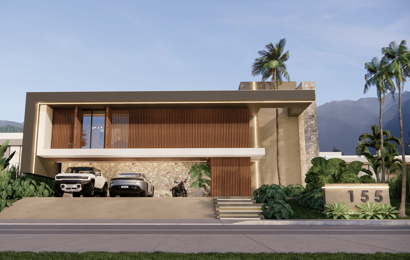 projeto da casa Lewis com painel ripado de madeira