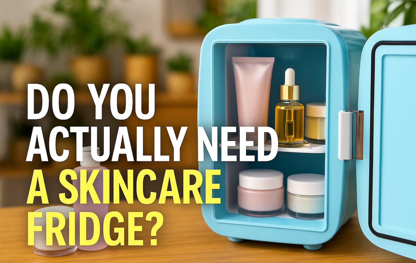 Pastel blue skincare fridge on a wooden counter with skincare jars and serum bottles inside.