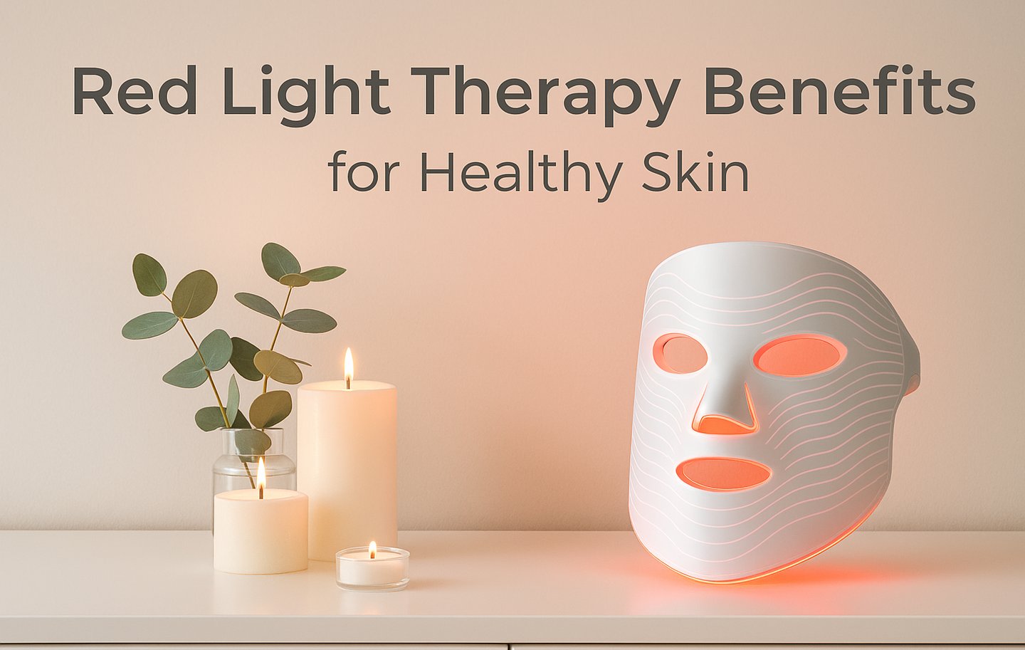 White vanity with glowing red light therapy mask, eucalyptus leaves in a glass vase, and lit candles