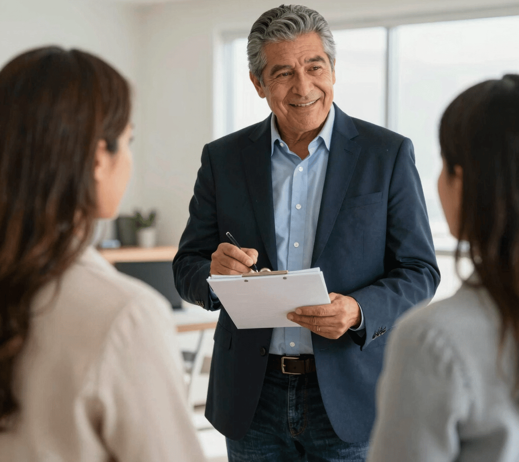 A warm, inviting office space with real estate brochures and a friendly agent engaging with clients.