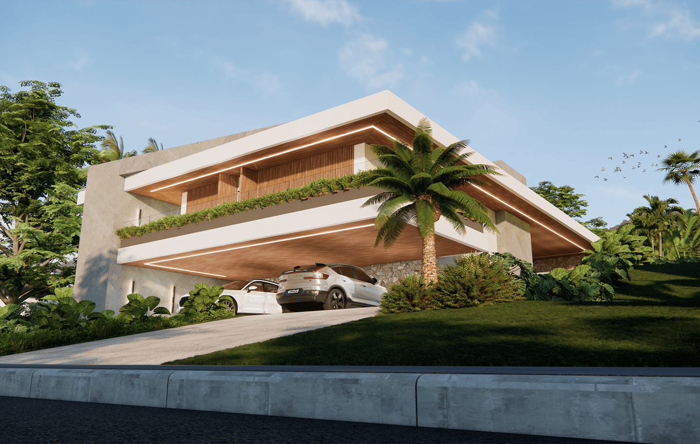 projeto de casa com painel ripado de madeira