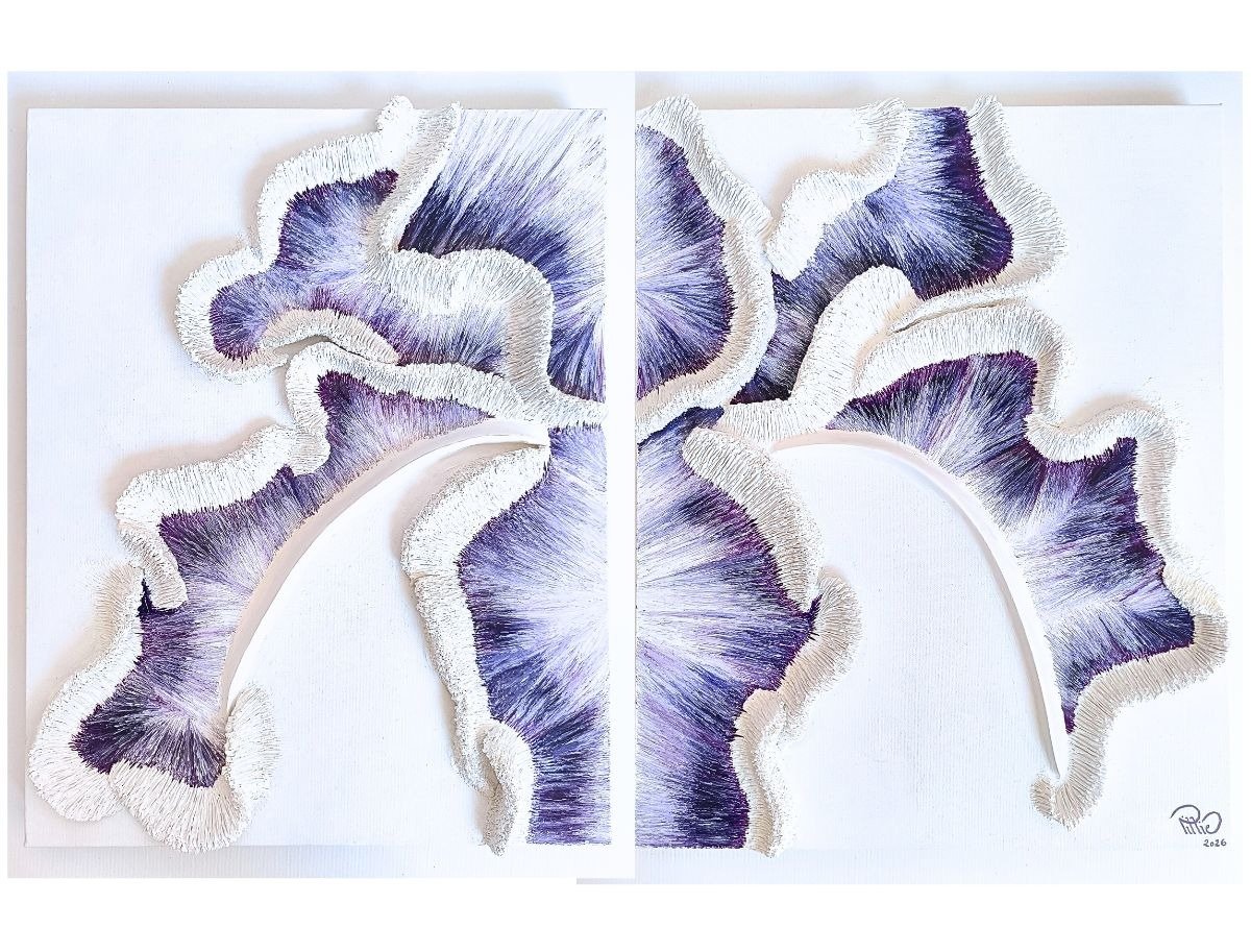 peinture tridimensionnelle technique mixte sur toile diptyque iris violette matière texture relief