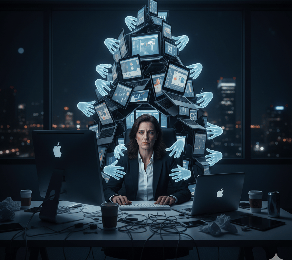 mulher sobrecarregada por querer assumi tudo no ambiente de trabalho