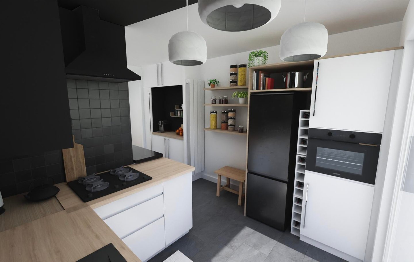 Vue 3D projet cuisine rénovée blanc bois noire