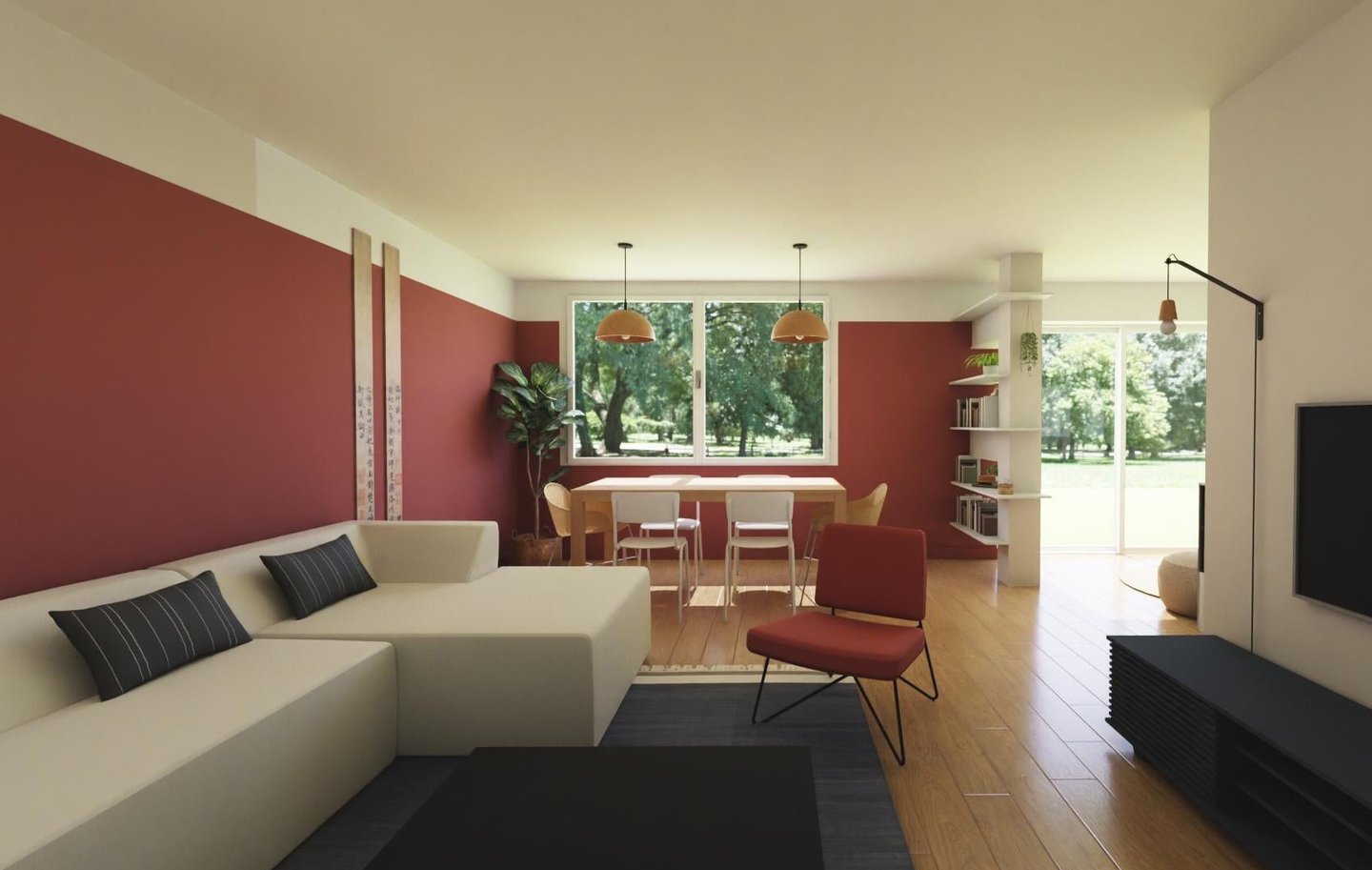 3D salon rouge et beige japandi