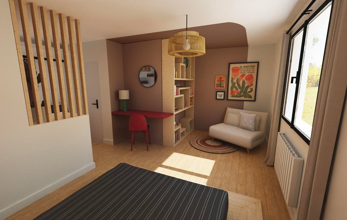 Vue 3D chambre avec coin bureau