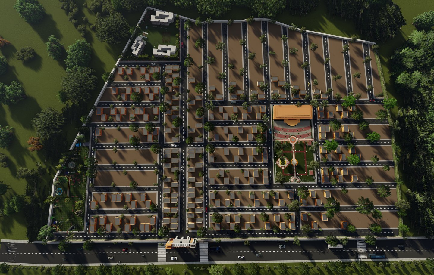 3D rendering of a modern residential layout by Arushi Studio.