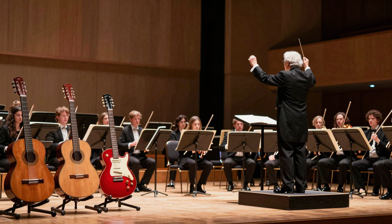 Wide panoramic view of a dramatic concert stage split in lighting. On the left third, under soft warm spotlights, a classical guitar, an acoustic guitar, and a bold red Paul Reed Smith electric guitar sit on wooden stands. On the right two-thirds, the empty chairs and polished wood instruments of a small chamber orchestra are visible, with a white-haired conductor in a tuxedo standing with his back to the audience, baton raised high in the air.