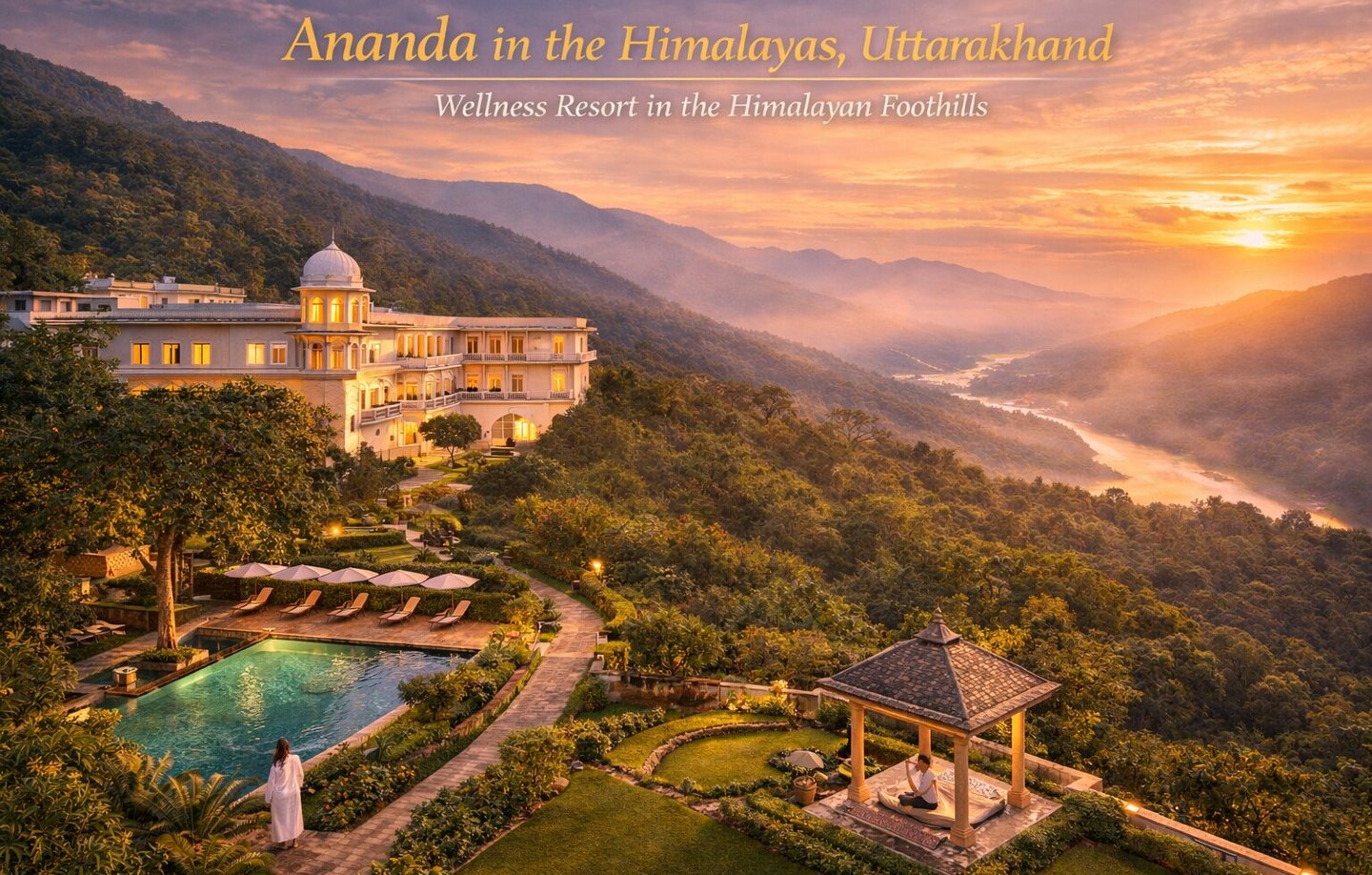 serene sunset at Ananda Resort in Himalayas