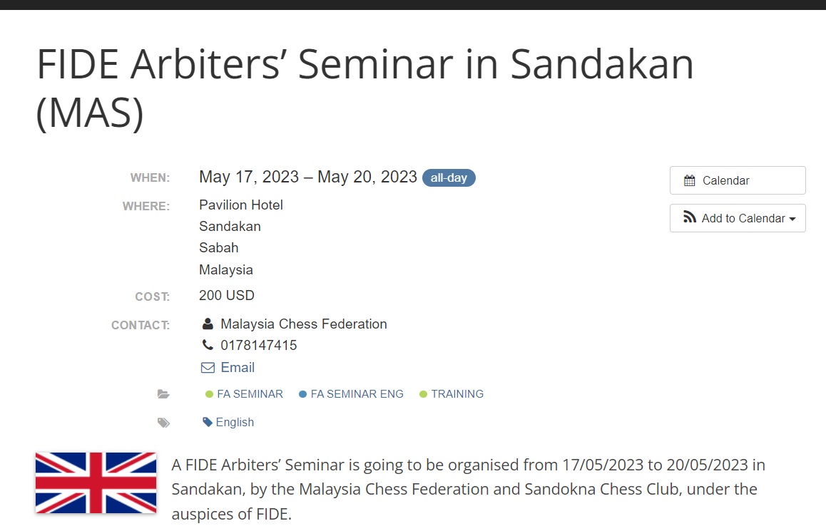 FA Seminar 2023 Conducted By The Sandokan Chess Club in Sabah, Malaysia. 