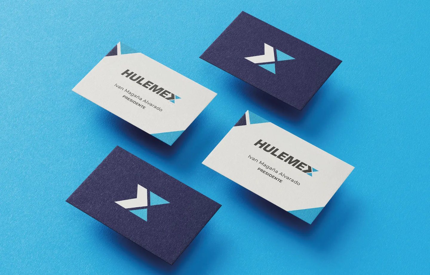 Biglietti da visita istituzionali Hulemex su fondo azzurro, identità visiva coordinata.