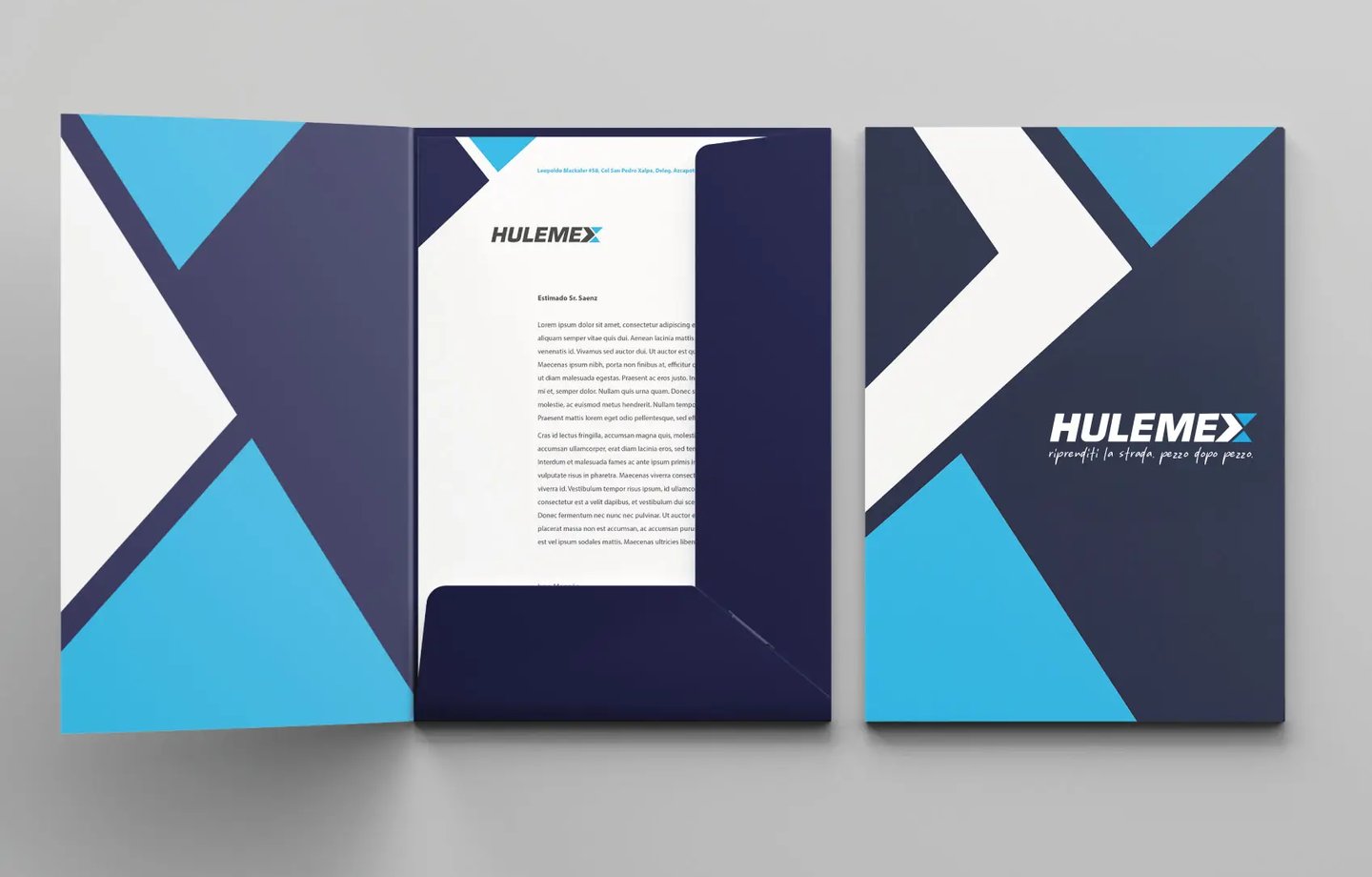 Cartellina Hulemex con documento interno, esempio di identità visiva coordinata.