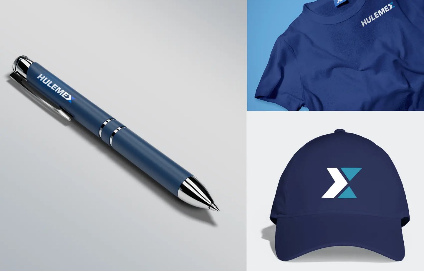 Gadget Hulemex con penna, cappellino e maglietta blu coordinati all’identità visiva.