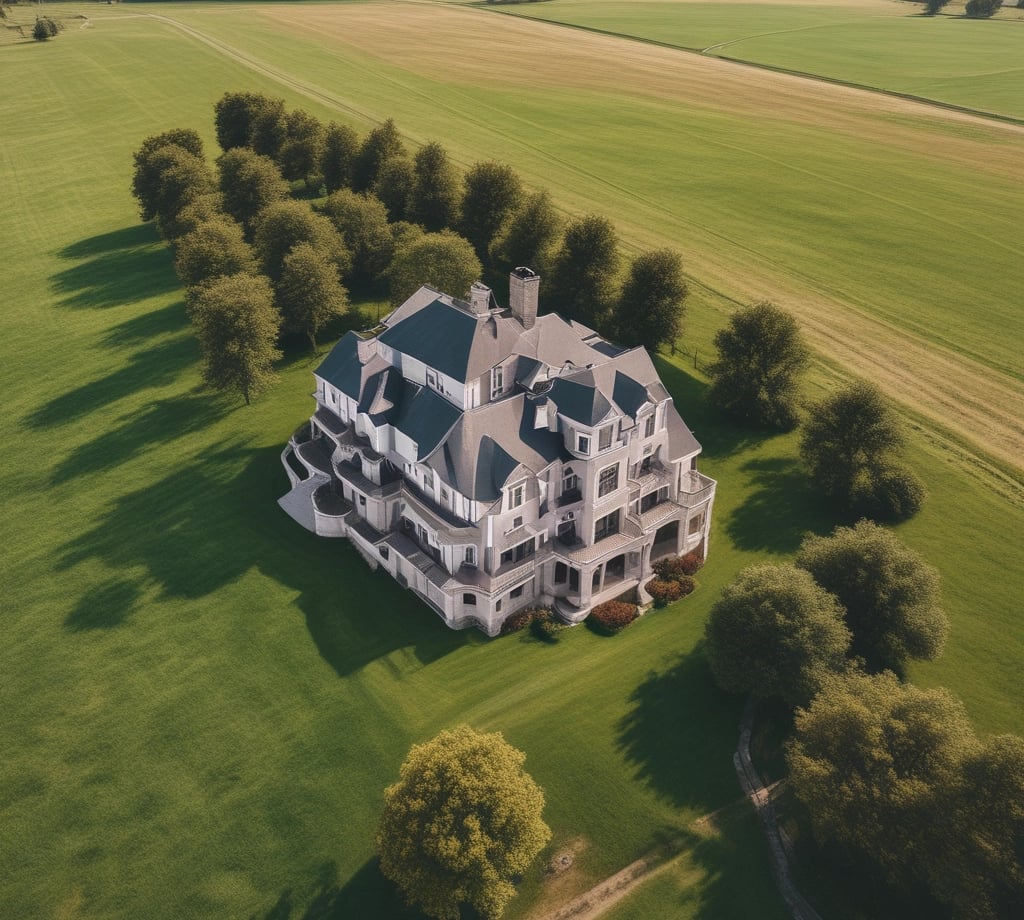 A sleek drone capturing a luxury home's aerial view during golden hour.