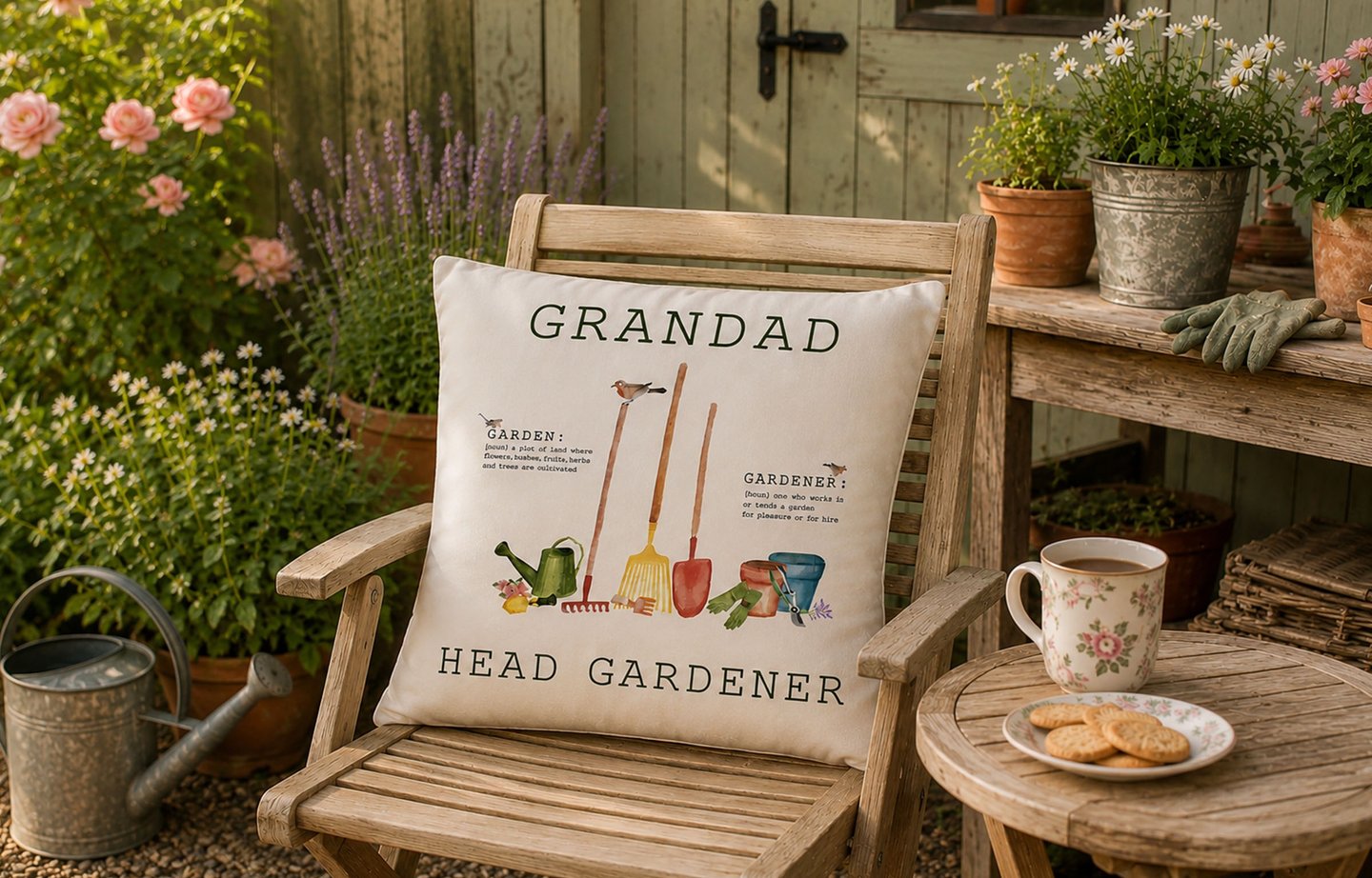 Personalised Head Gardener cushion in an English country garden. Personalised gardening gift