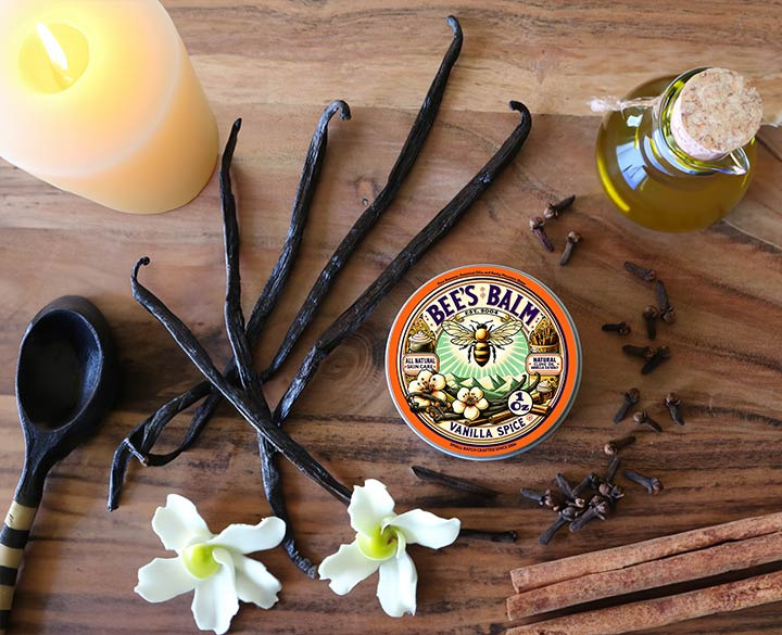 All Natural Vanilla Spice Bee's Balm tin surrounded by vanilla beans, cloves, olive oil, and candle