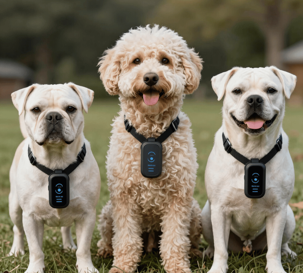 Three dogs sitting in a park wearing black GPS tracking collars for pet safety.