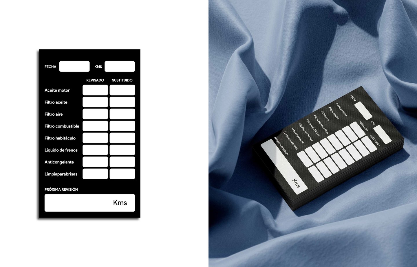 Tarjeta de cambio de aceite y filtros sobre fondo blanco y azul